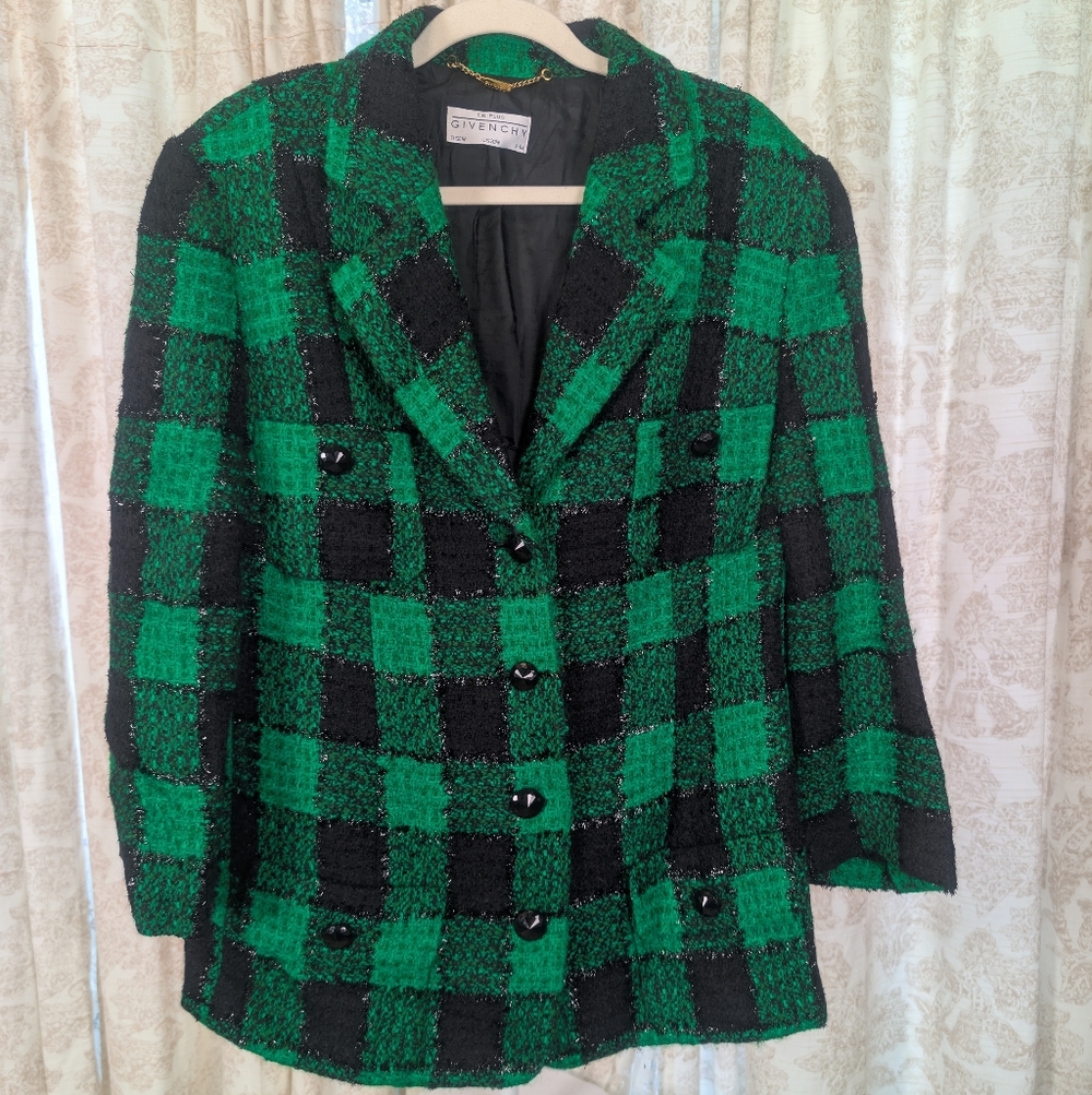 Vtg Givenchy Women's Green and Black Plaid Jacket